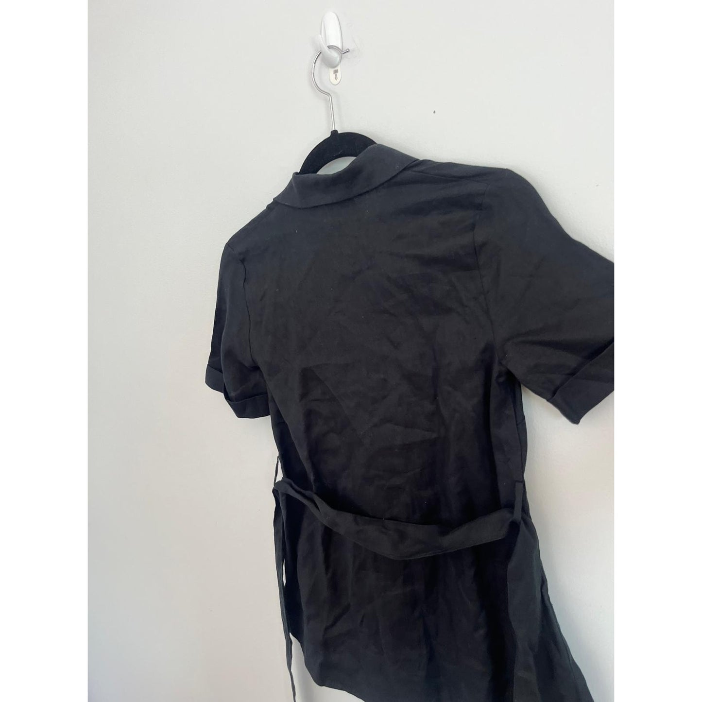 Wilfred Button Up Shirt Dress Women 2XS Black Linen Short Sleeve Belted