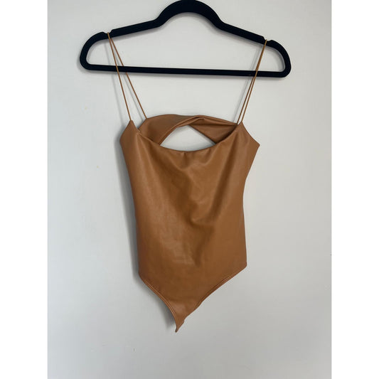 Alix NYC Faux Leather Bodysuit Women XS Cutout Spaghetti Strap Tan