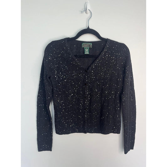 Lauren Ralph Lauren Sequin Cardigan Sweater Black Small Silk Cashmere Blend