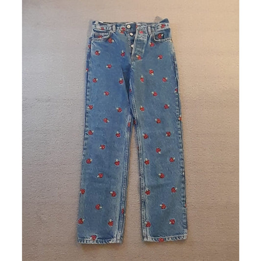 Reformation Jeans Womens 24 Blue Mushroom Print Straight Leg Denim