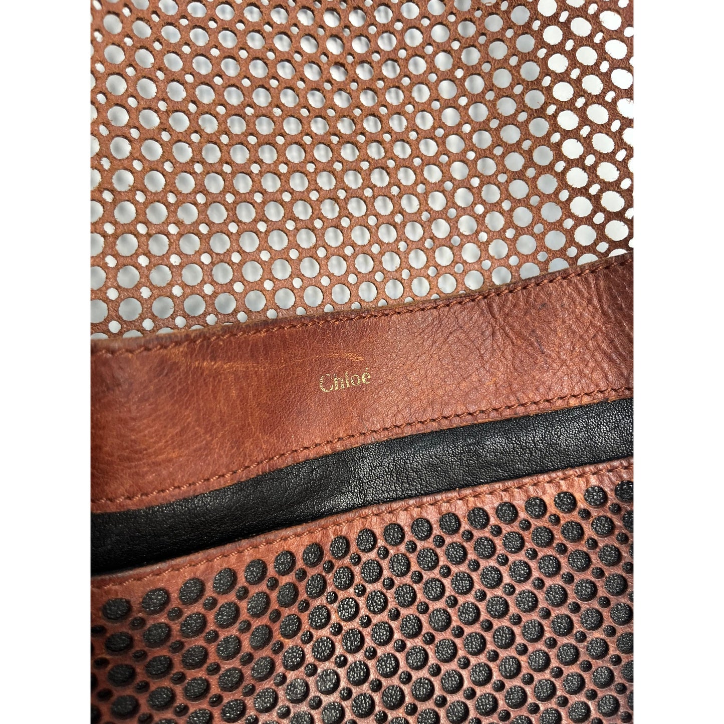 Chloe Crossbody Bag Women Brown Perforated Leather Saddle Flap