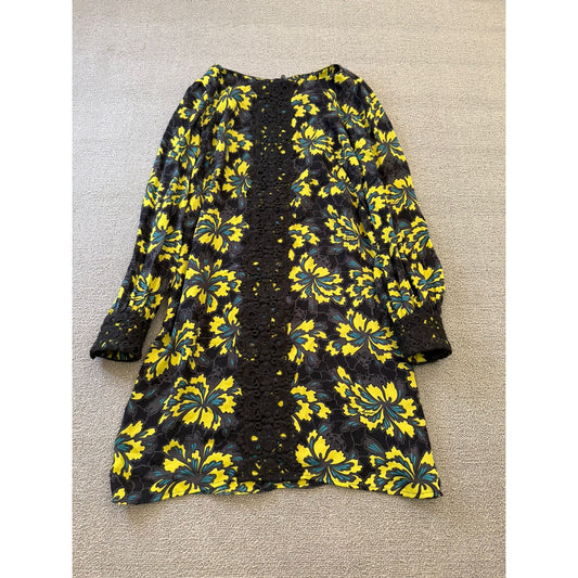 Original Milly Women's Size 2 Black Yellow Floral Mini Dress Long Sleeve