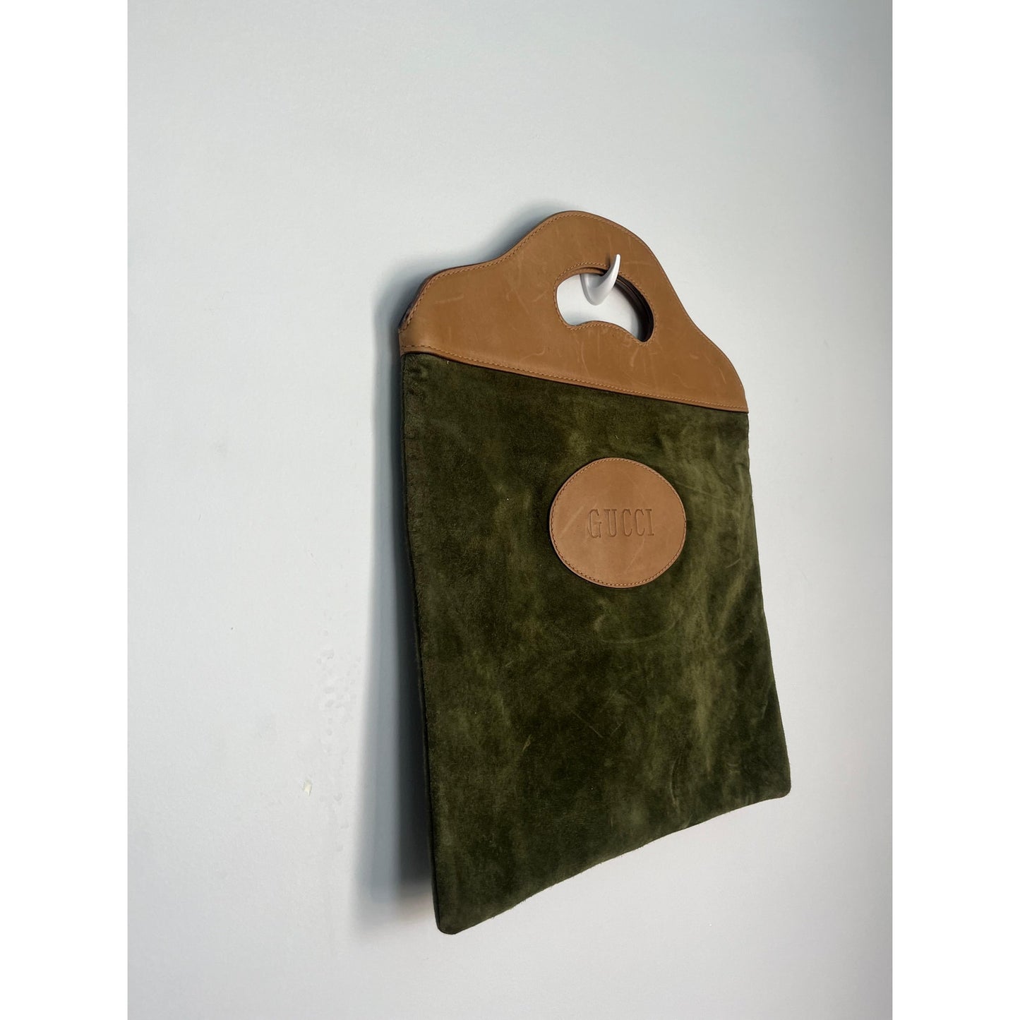 Gucci Suede Tote Bag Women Green Brown Vintage Logo Cutout Handle