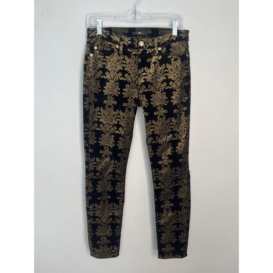 7 For All Mankind Velvet Pants Women 27 Black Gold Baroque Skinny Stretch