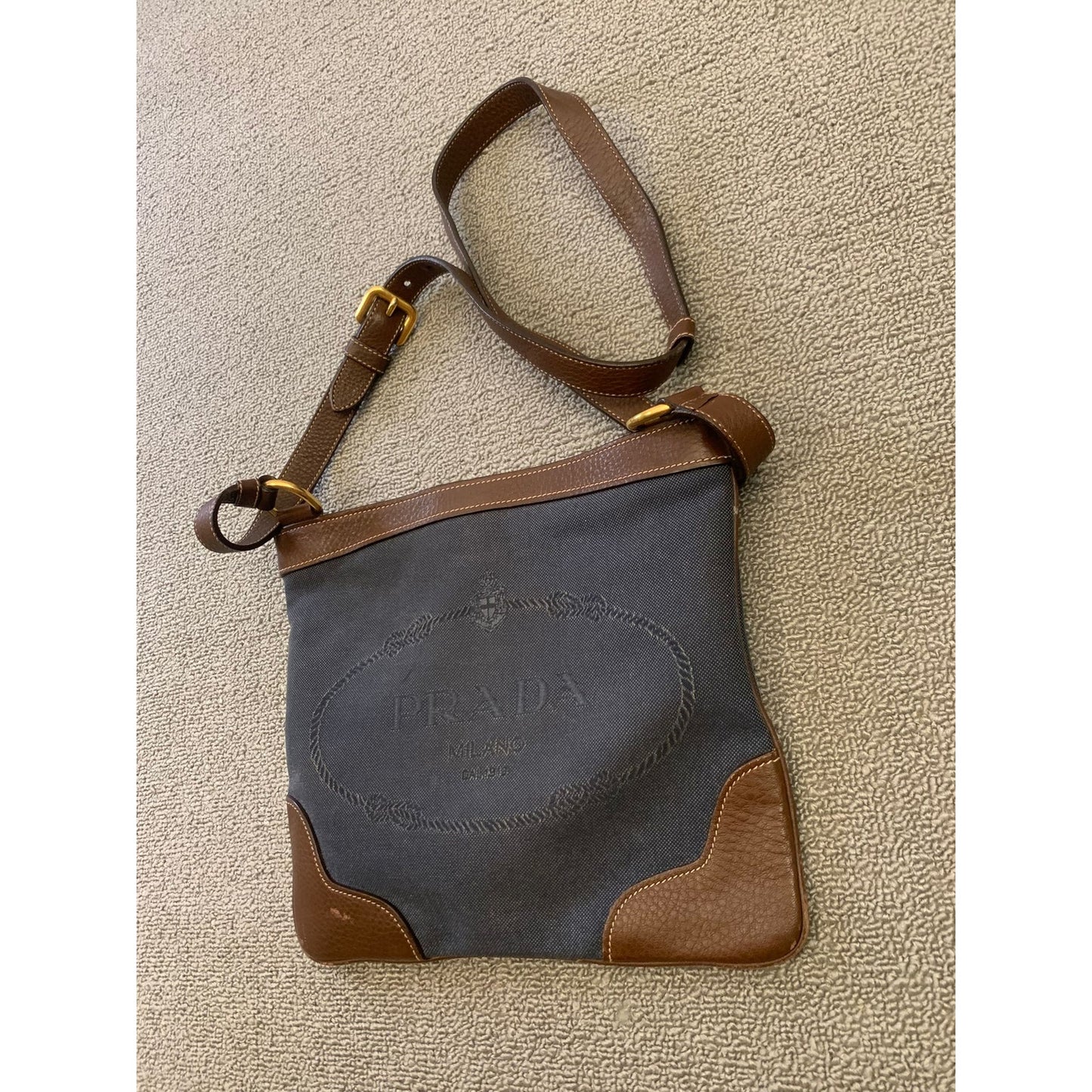 Prada Women Blue Brown Leather Crossbody Bag