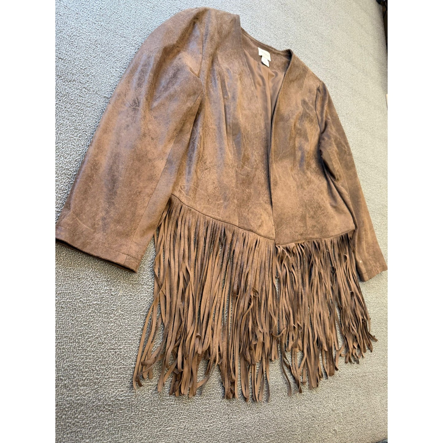 Chicos Womens Size 3 Faux Suede Fringe Jacket Brown Bohemian Style Cardigan