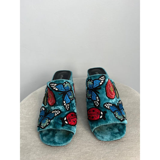 Jeffrey Campbell Velvet Embroidered Women 6 Blue Floral Butterfly Block Heel