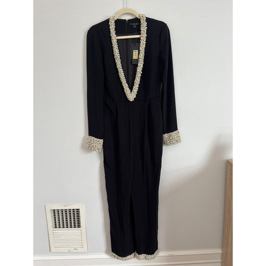 Rachel Zoe Jumpsuit Women 6 Black Pearl Beaded Plunge Long Sleeve Formal NWT