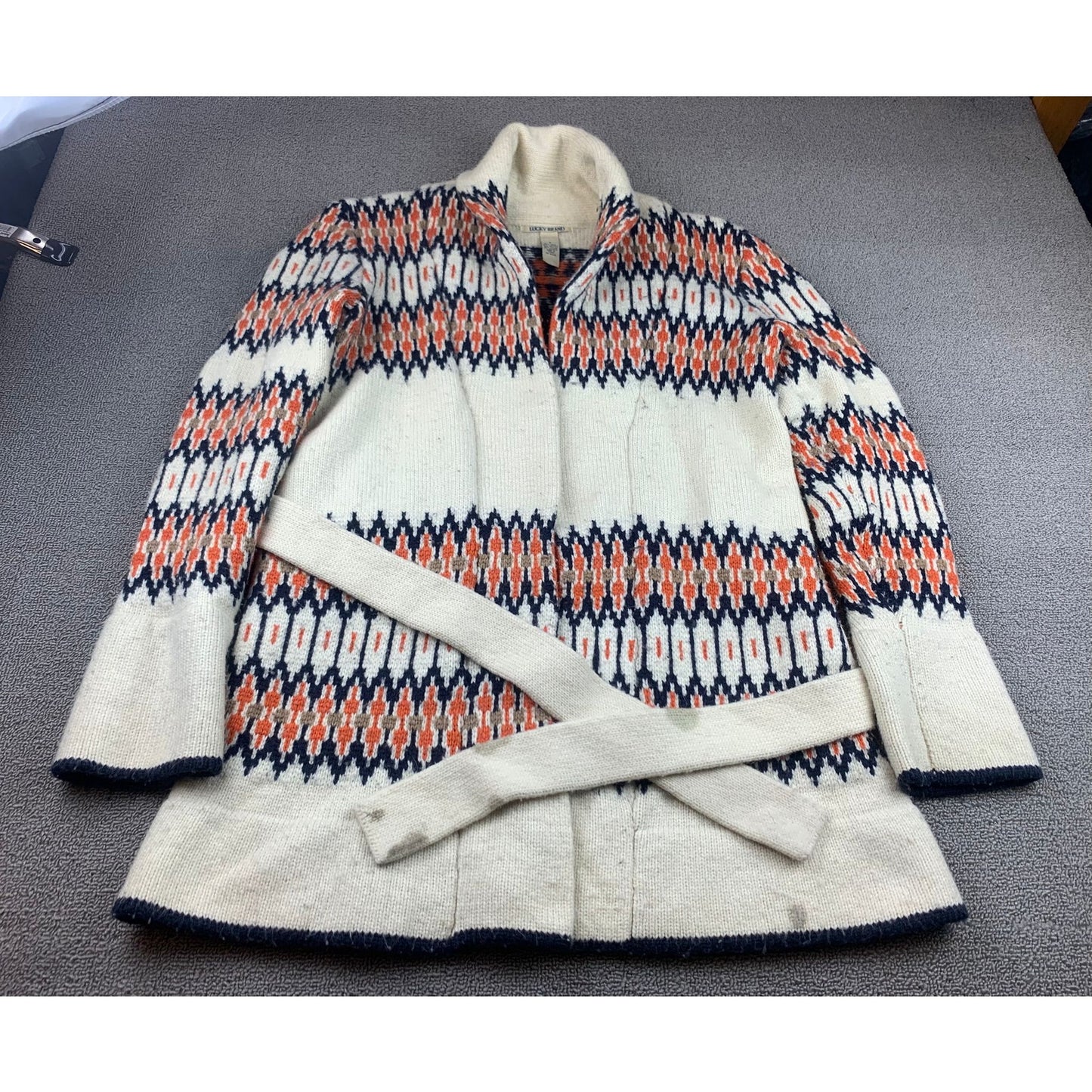 Lucky Brand Women Small White Multicolor Wool Blend Geometric Sweater Coat