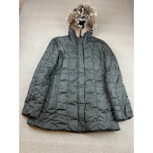 Post Card Women's Medium Black Hooded Fur Trim Puffer Coat