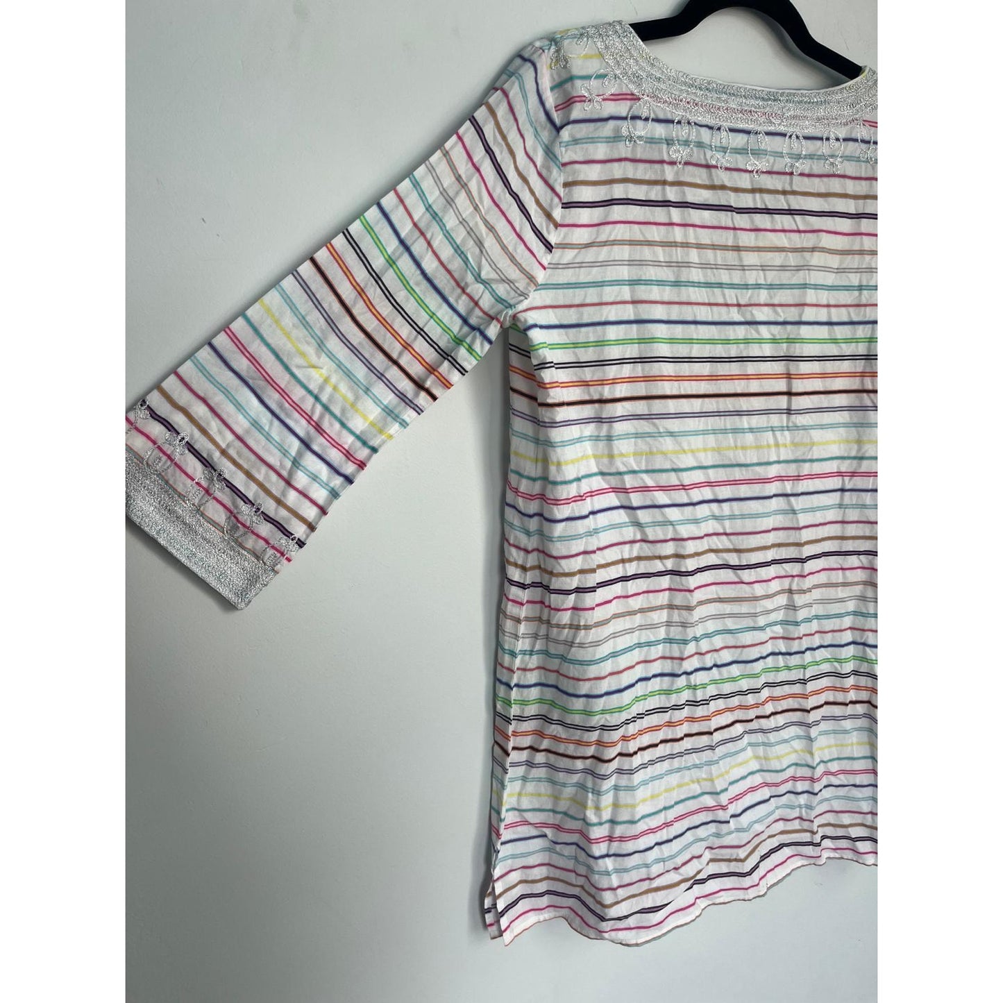 Calypso St Barth Tunic Top Women Small Striped Metallic Embroidered Boho