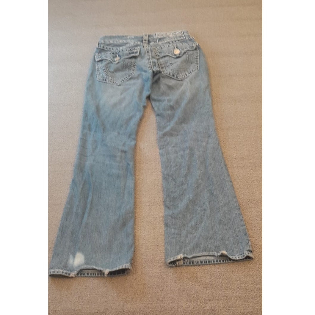 True Religion Womens 32 Light Wash Blue Bootcut Distressed Ripped Jeans