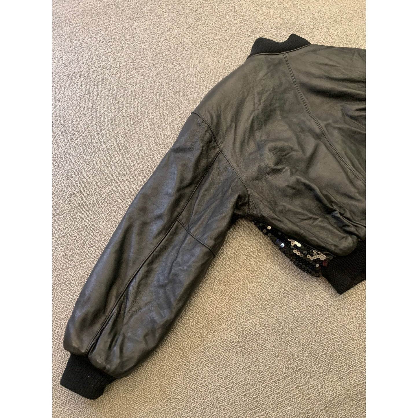 Vintage Y2K G-III LEATHER Women Small Black Sequin Leather Bomber Jacket