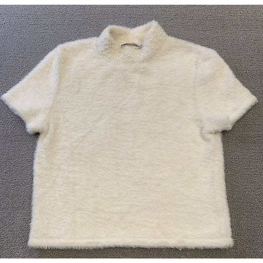 Zara Women's Medium White Pearl Embellished Short Sleeve Fluffy Top