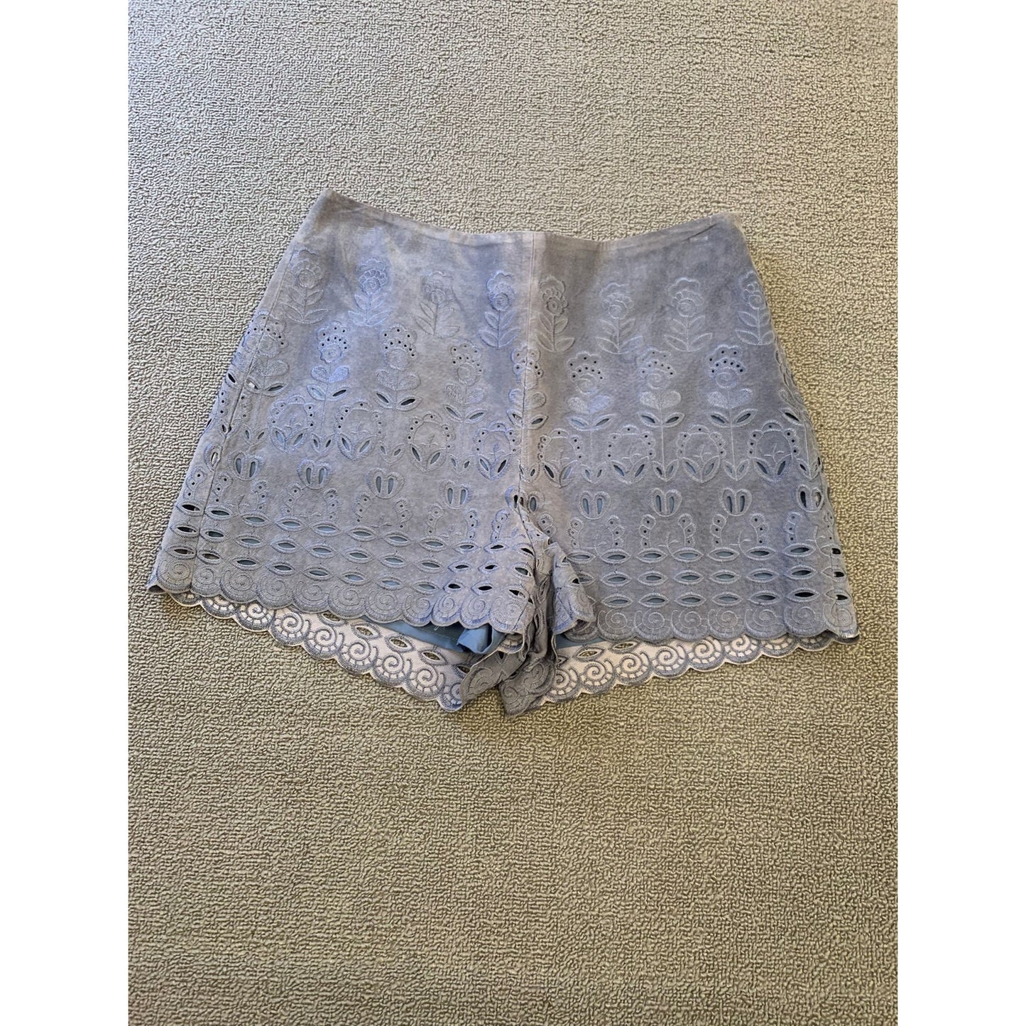 INTERMIX Women's Suede Shorts S Blue Floral Laser Cut Scalloped Hem High Waist
