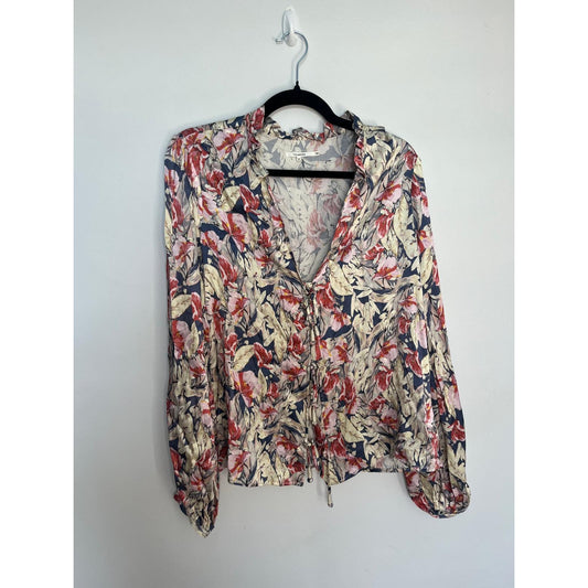 Tularosa Floral Blouse Women Medium Long Sleeve V Neck Tie Front