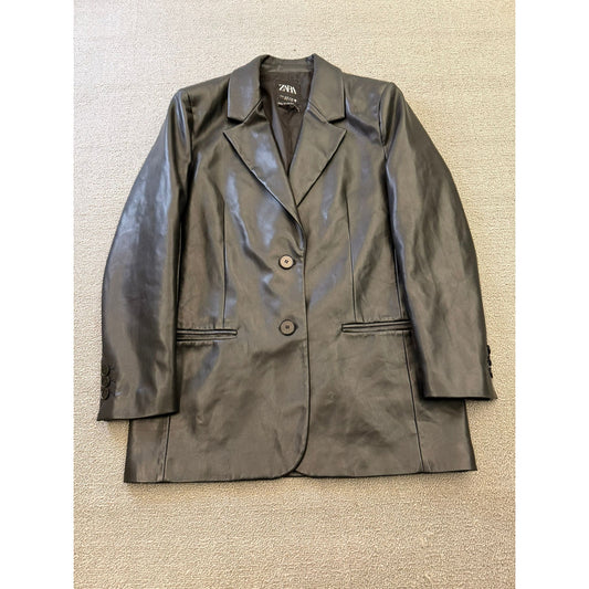 ZARA Women's Medium Black Faux Leather Blazer Double Button