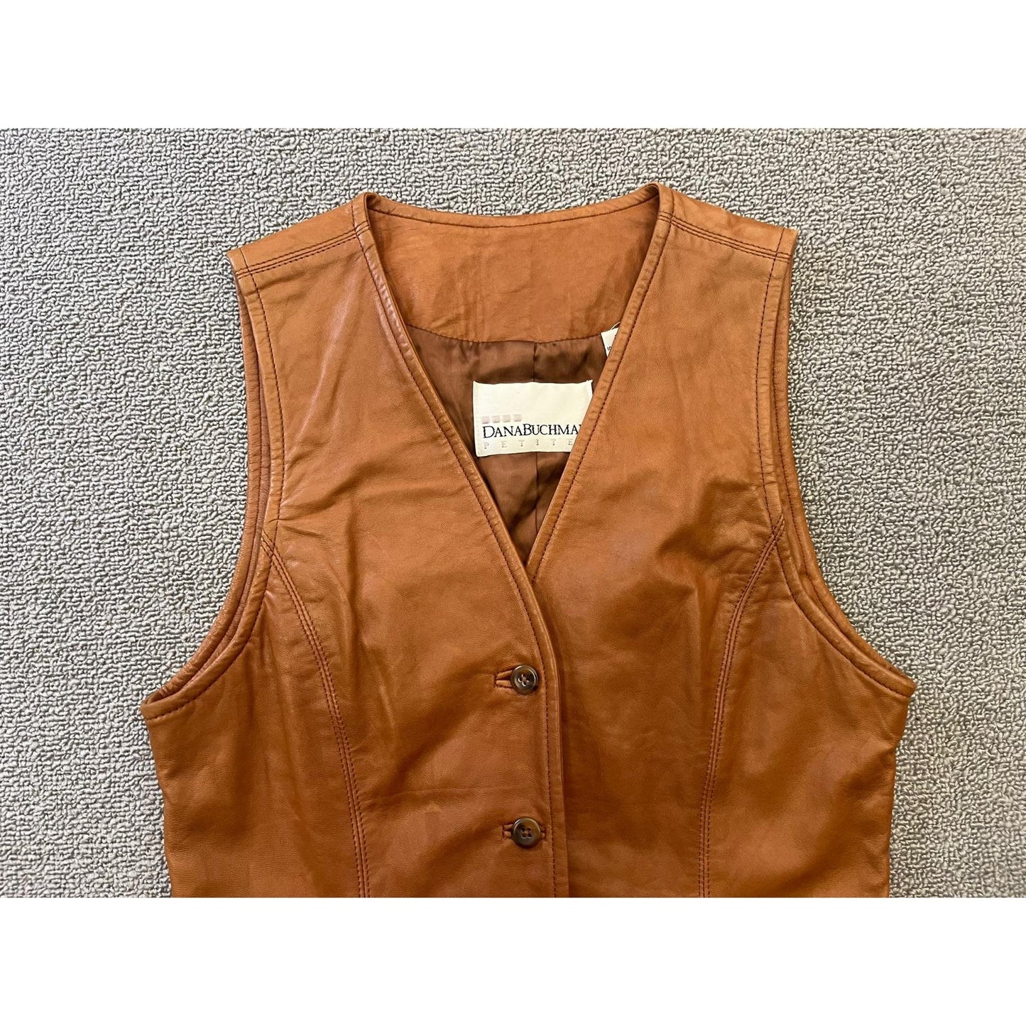 Dana Buchman 100% Leather Vest Women 2 Petite Brown Button Closure
