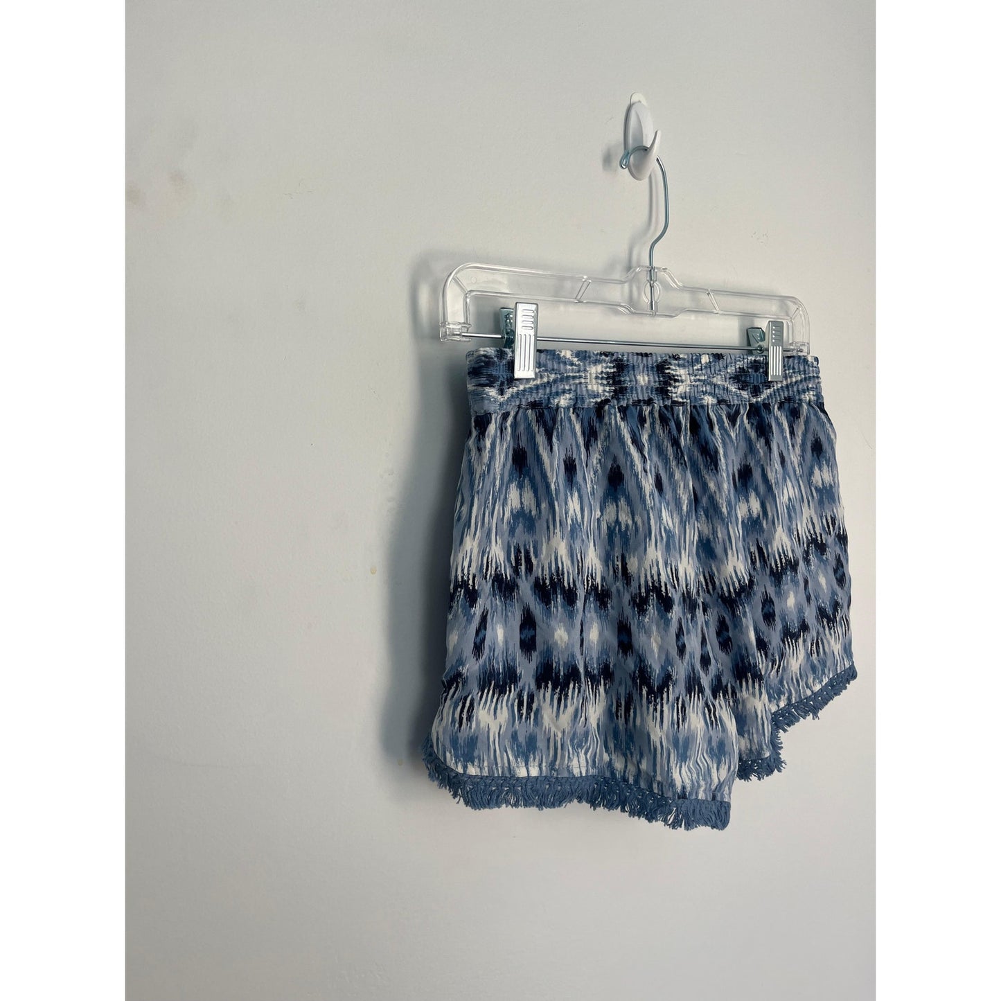 Joie Printed Shorts Women XS Blue White Ikat Smocked Waist Fringe Hem