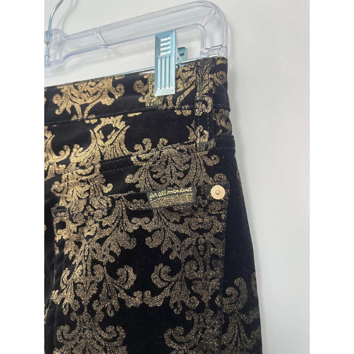 7 For All Mankind Velvet Pants Women 27 Black Gold Baroque Skinny Stretch