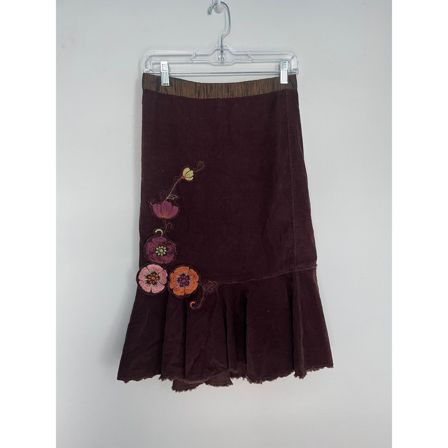 Free People Corduroy Skirt Women 0 Brown Floral Embroidered Ruffle Hem Boho