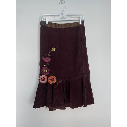 Free People Corduroy Skirt Women 0 Brown Floral Embroidered Ruffle Hem Boho