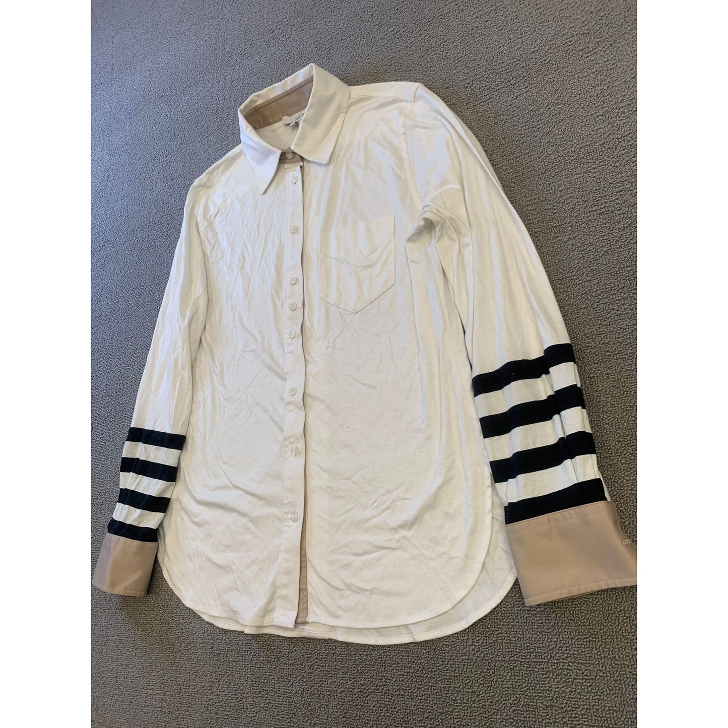 Per Se White Black Striped Button Down Shirt Women 8