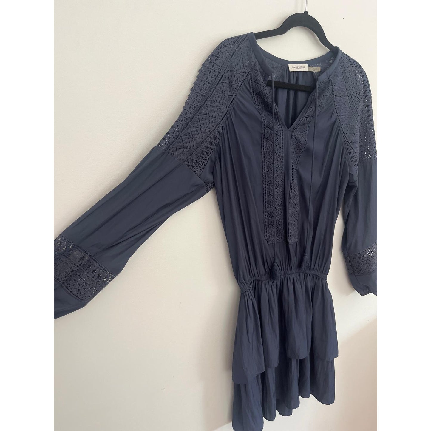 Ramy Brook Mini Dress Women M Navy Blue Lace Panel Long Sleeve Boho