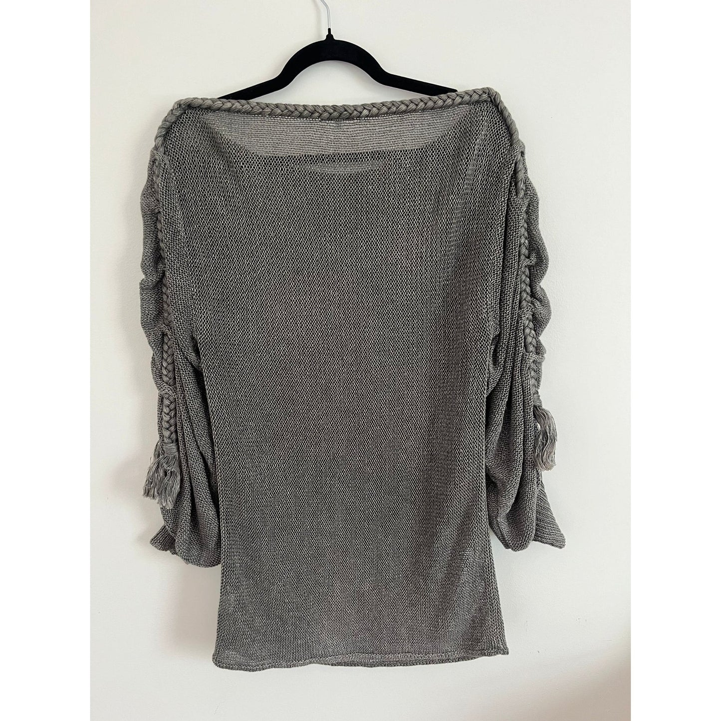 Foley + Corinna Sweater Women S Gray Knit Boatneck Braided Sleeve Boho Pullover