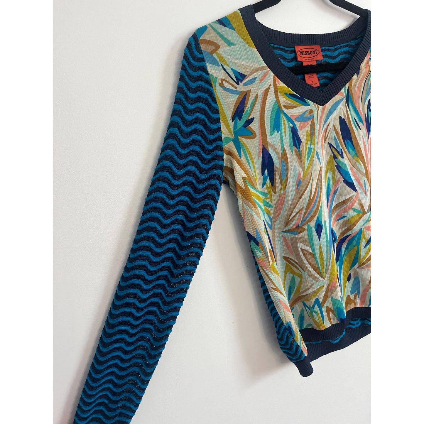 Missoni Sweater Women S Blue Multicolor Zigzag Print V Neck Lightweight
