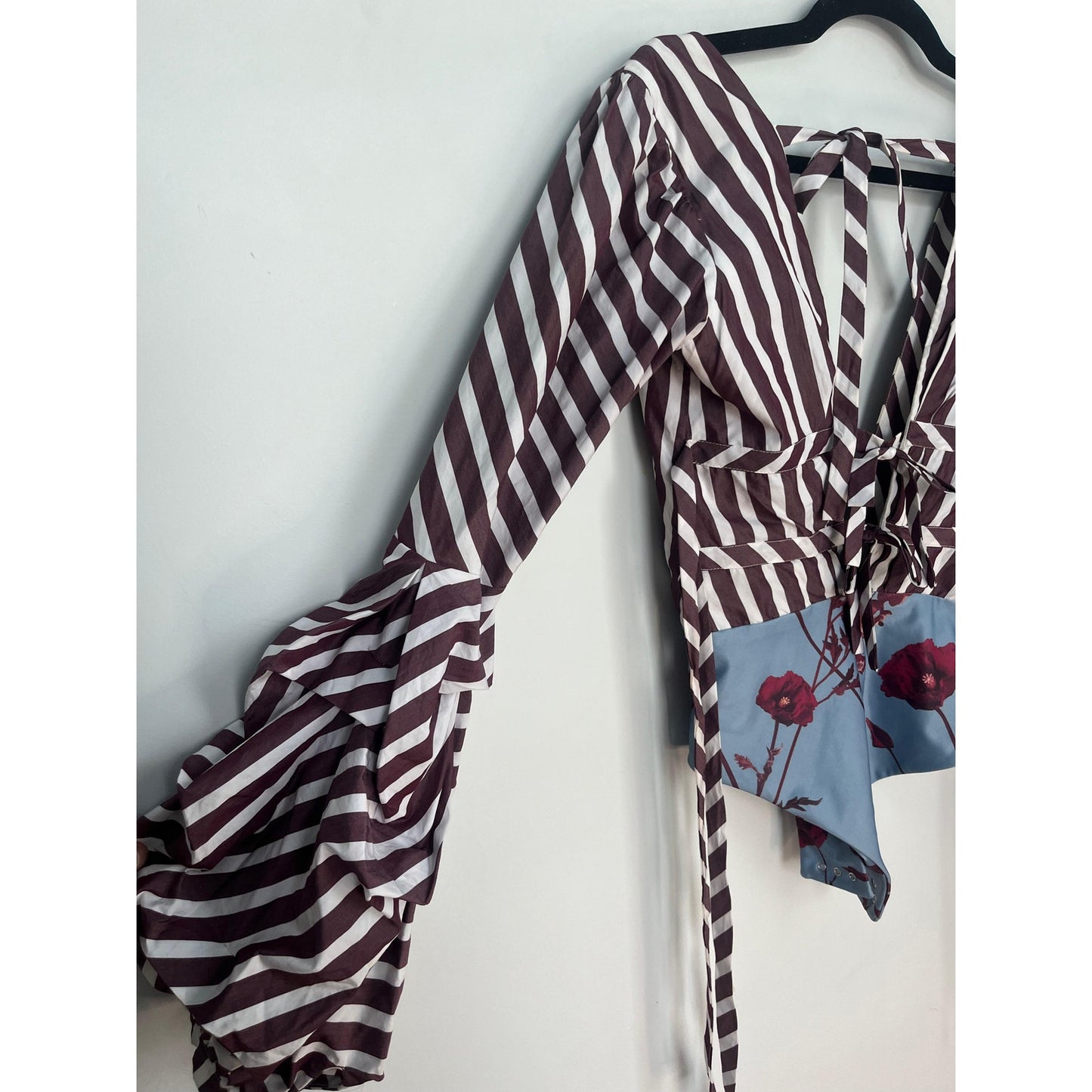 Johanna Ortiz Tie Back Blouse Women 0 Ruffle Sleeve Stripe Floral