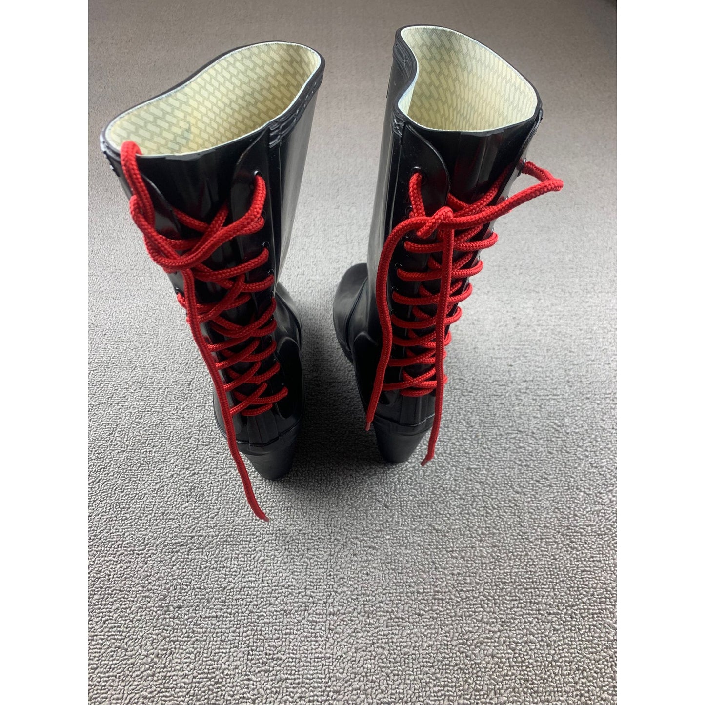 Hunter Women's 7 Black Verbier Wedge Boots Red Lace Up Rubber Rain