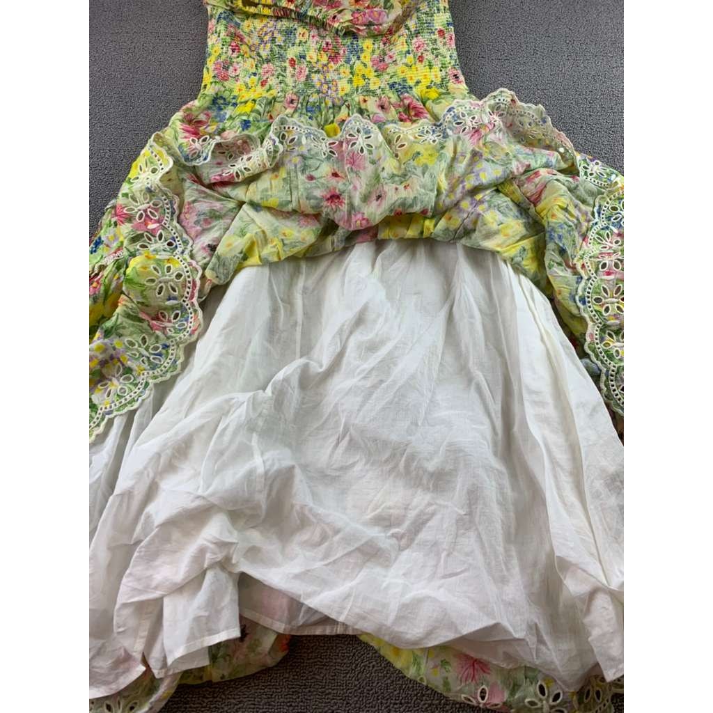 Love Shack Fancy Floral Dress Women XS Yellow Puff Sleeve Smocked Tiered Eyelet