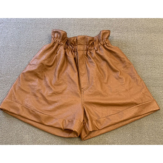 Ronny Kobo Women Large Brown Faux Leather Paperbag Shorts