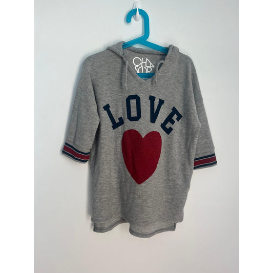 Chaser LOVE Hoodie Women 8 Gray Short Sleeve Heart Graphic Pullover