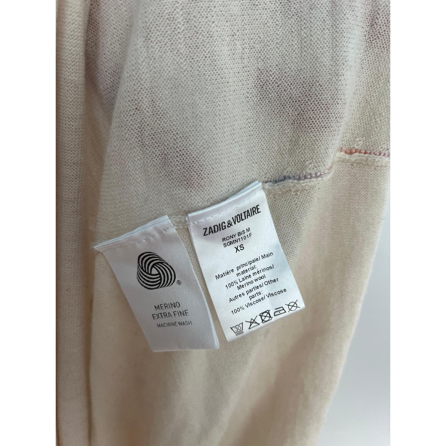 Zadig Voltaire Logo Sleeve Sweater Women XS Merino Wool Beige Pullover