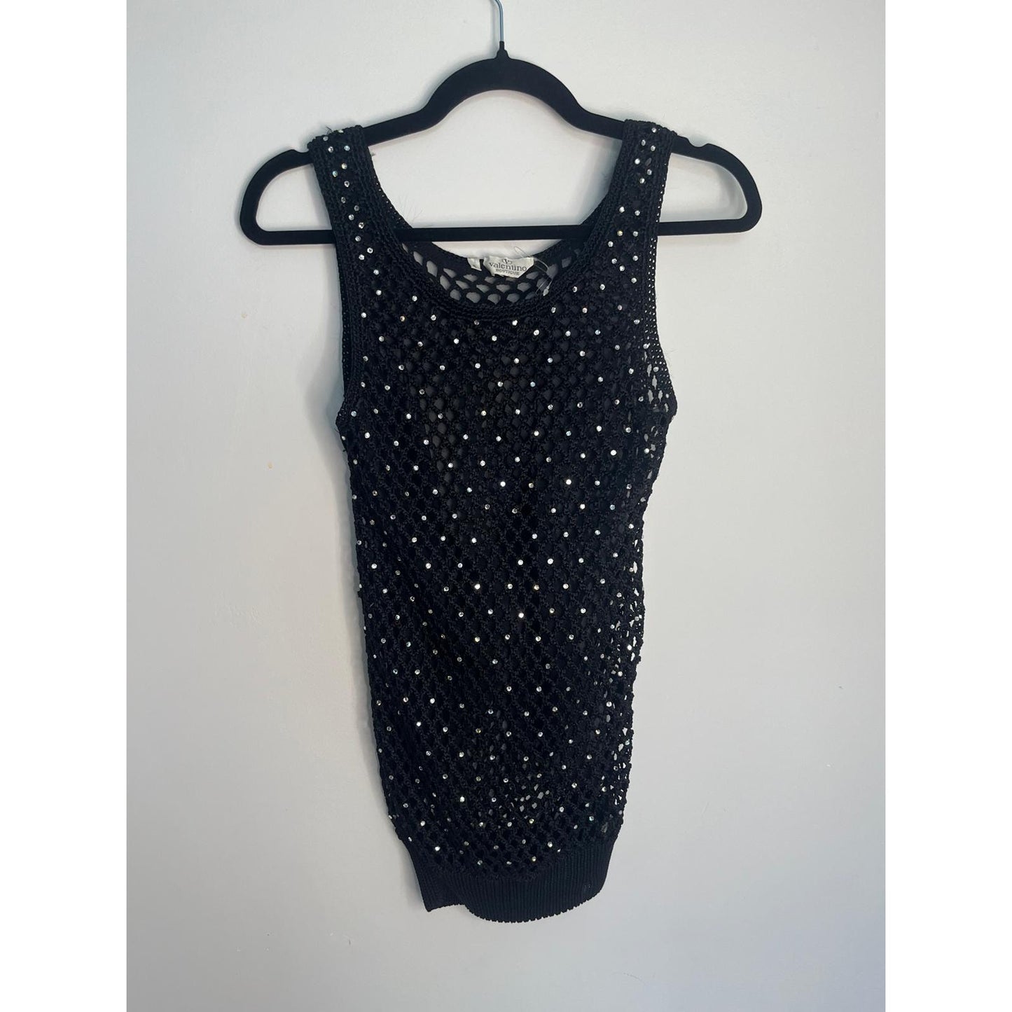 Valentino Boutique Rhinestone Tank Top Women S Black Fishnet Knit Sleeveless