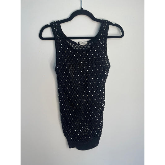 Valentino Boutique Rhinestone Tank Top Women S Black Fishnet Knit Sleeveless