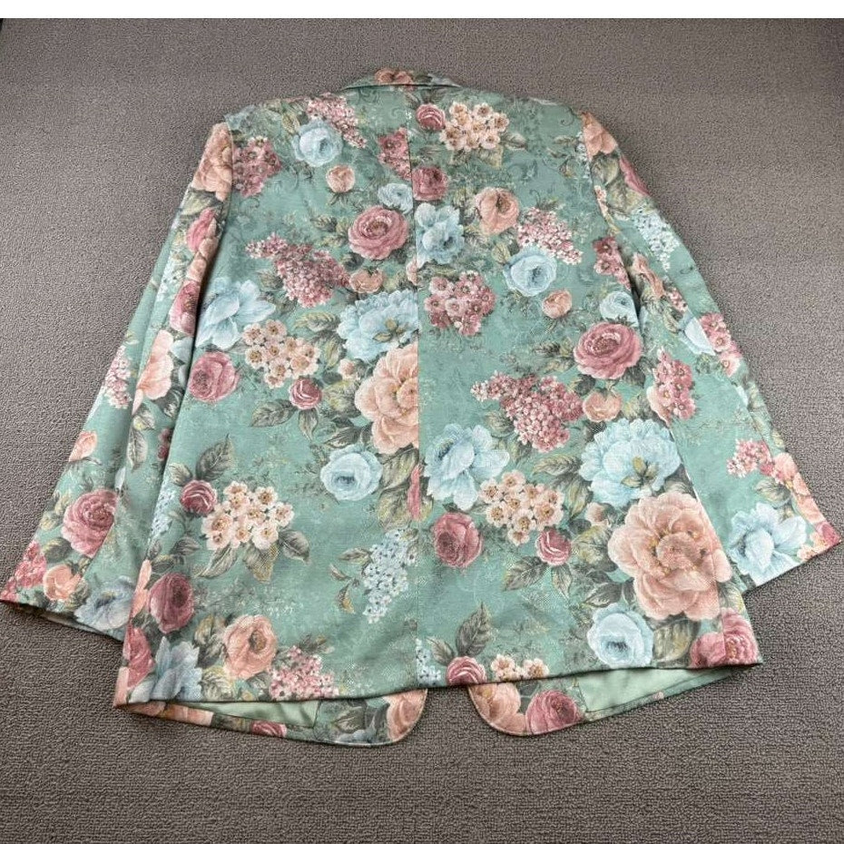 Alfred Dunner Women's 14 Floral Green Blazer Made In USA Pink Blue Roses