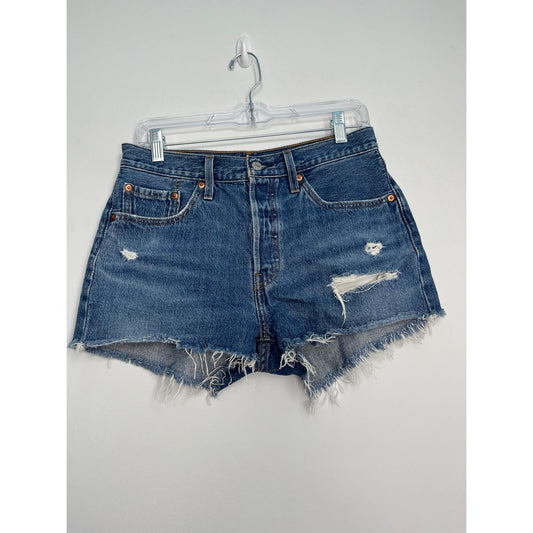 Levi's 501 Denim Shorts Women W28 Distressed High Rise Raw Hem Blue