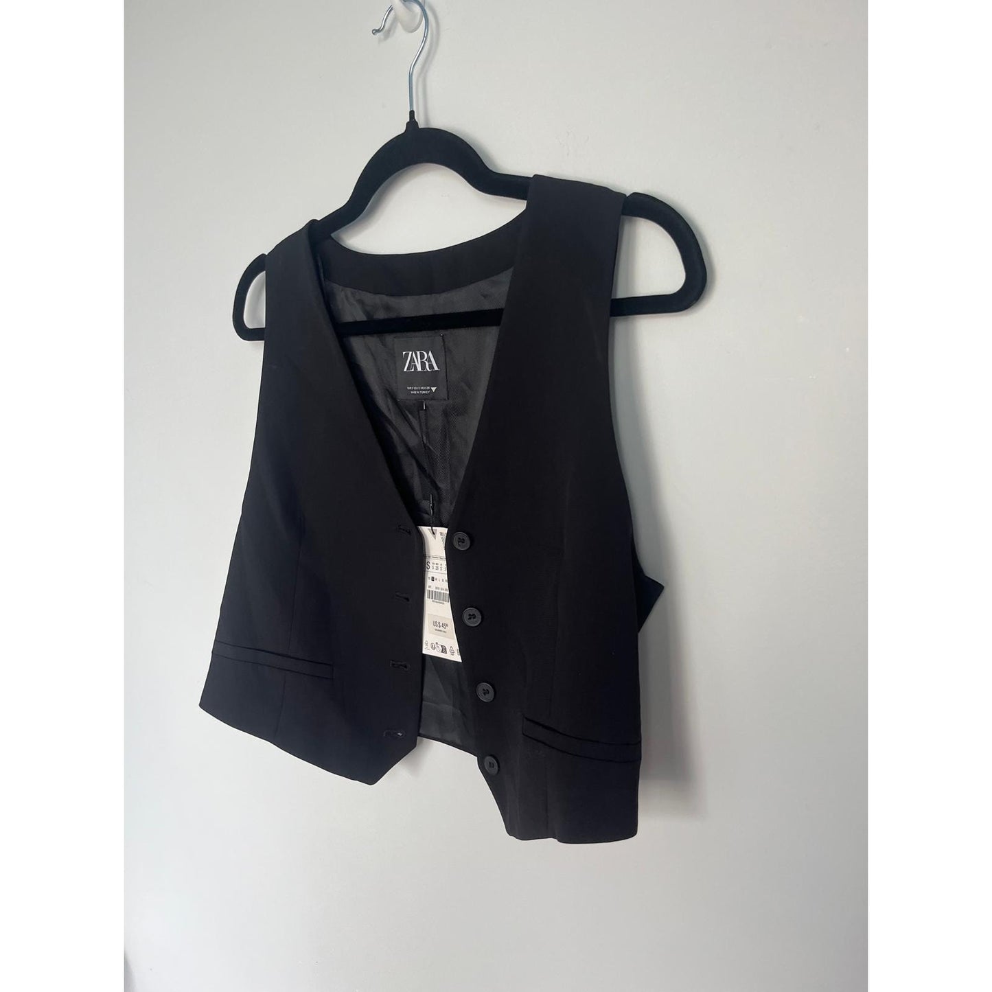 Zara Black Vest Top Womens Small Cropped Button Front Tailored NWT