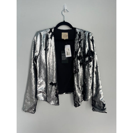 Chaser Sequin Jacket Women Medium Silver Black Open Front Party Blazer NWT