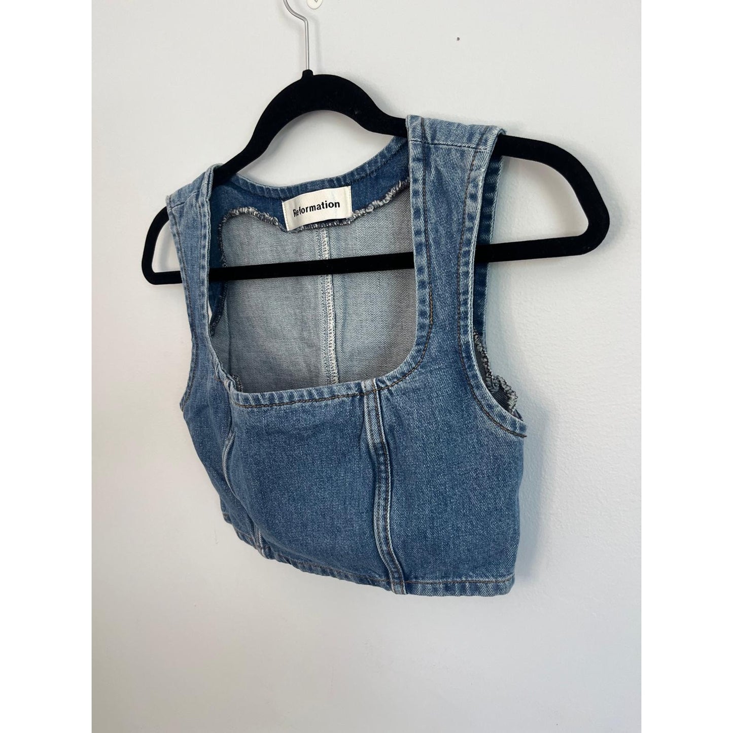 Reformation Denim Crop Top Women 0 Blue Square Neck Corset Stitch Tank
