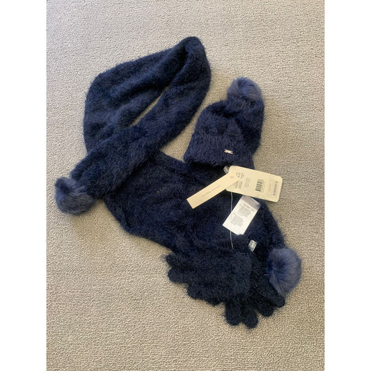 Mayoral Kids 6-9 3 in 1 Set Blue Fuzzy Pompom Hat Scarf Mitten New