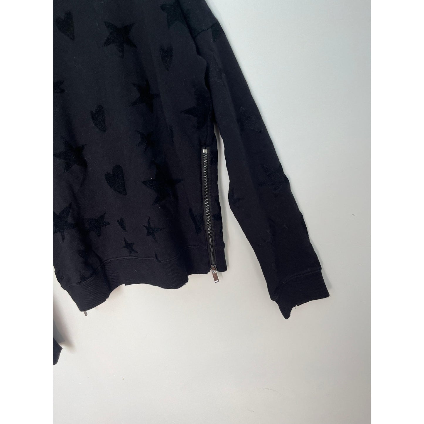 Rails Star Heart Print Sweatshirt Women XS Black Crewneck Pullover Zipper Hem