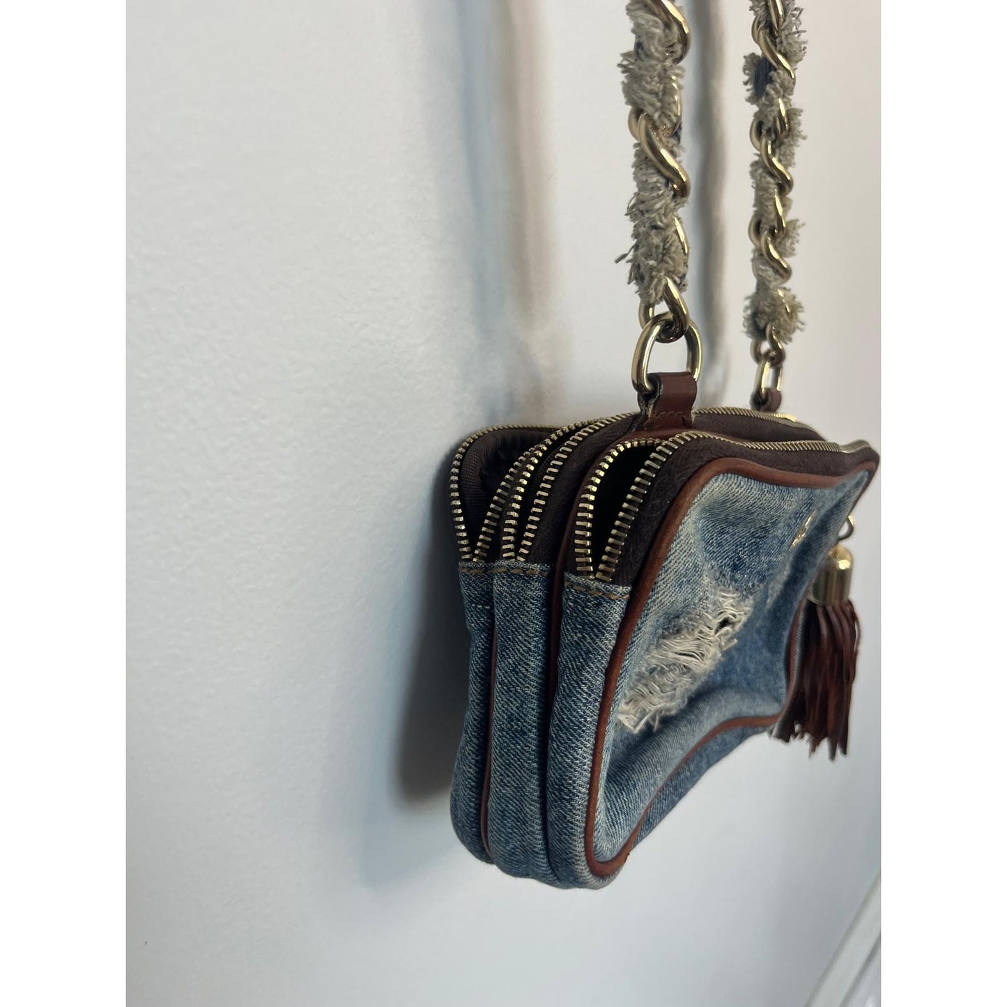 Dolce & Gabbana Denim Mini Crossbody Bag Distressed Tassel Chain Strap