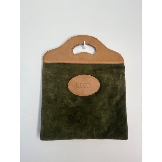 Gucci Suede Tote Bag Women Green Brown Vintage Logo Cutout Handle