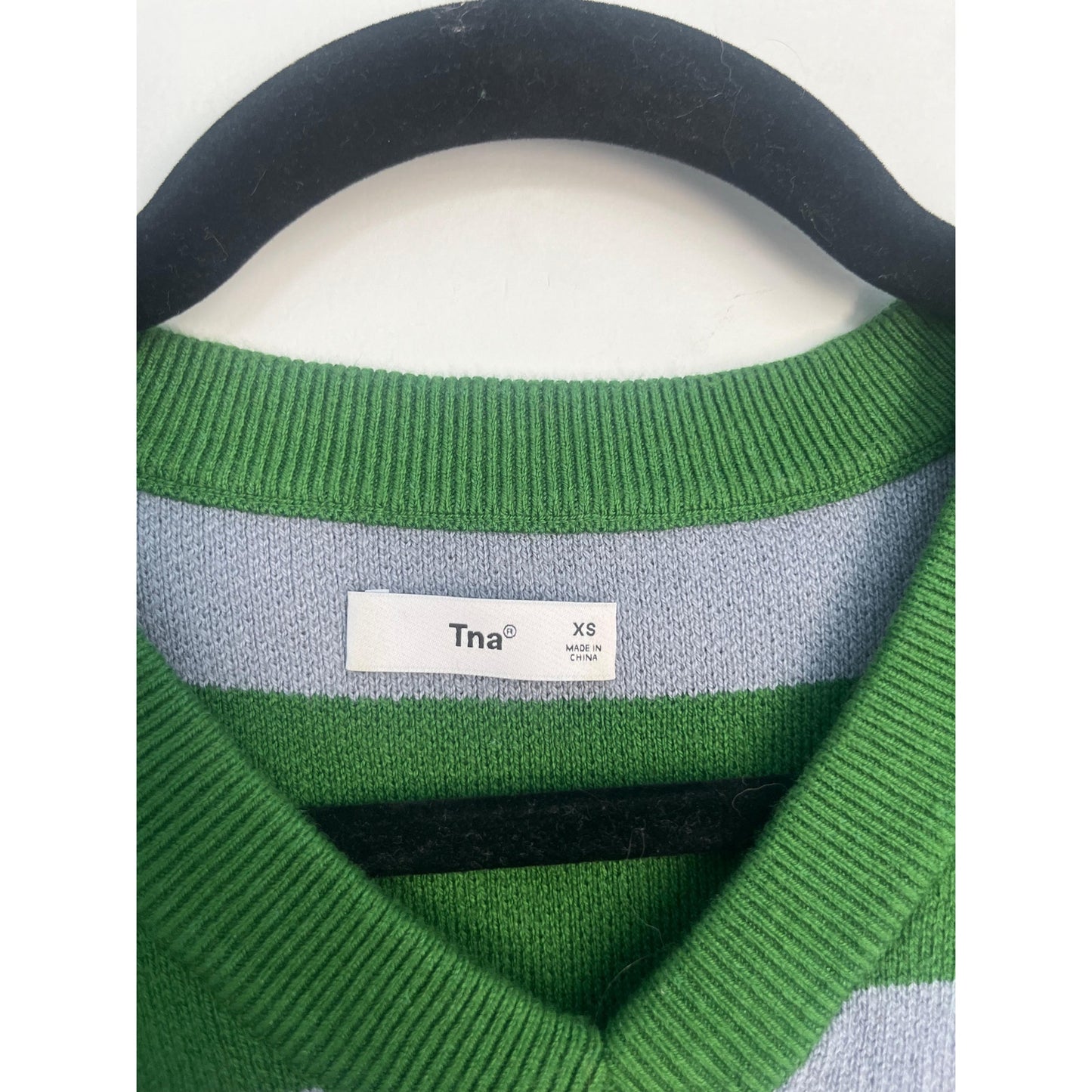 TNA Sweater Vest Women XS Green Gray Stripe V Neck Knit Preppy Y2K