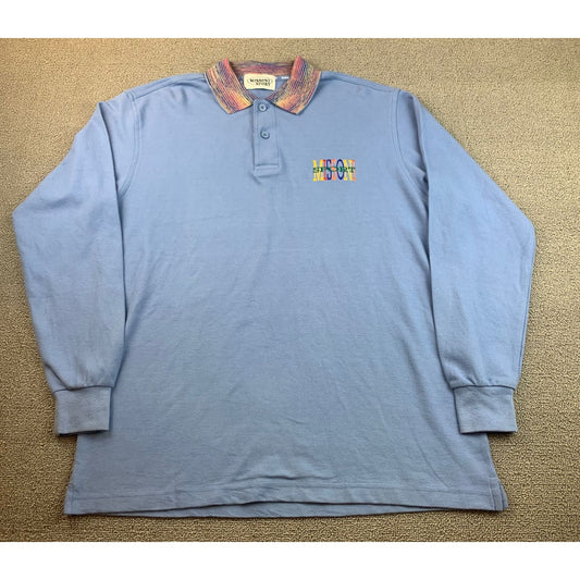 Vintage Missoni Sport Men's M Light Blue Multi-Color Collar Embroidered Polo