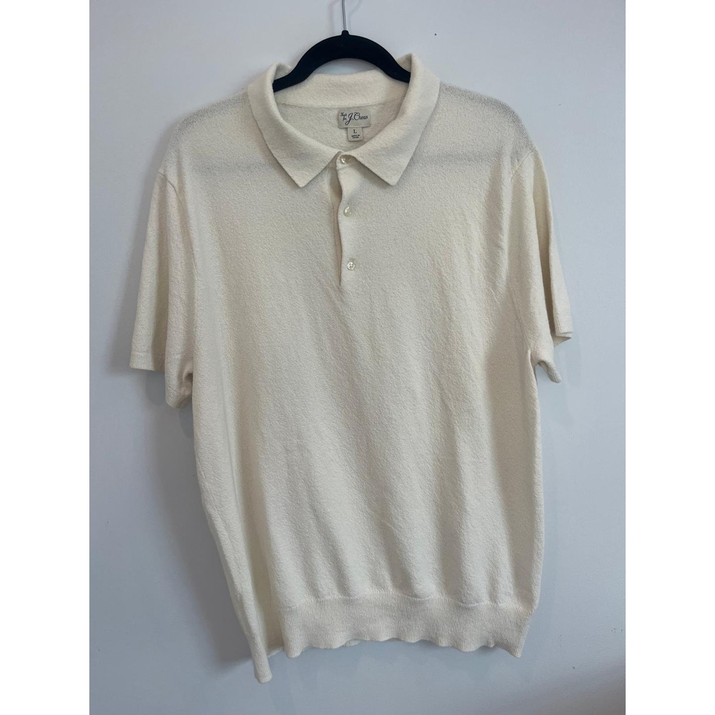 J Crew Knit Polo Shirt Men L Cream Short Sleeve Textured Cotton Blend
